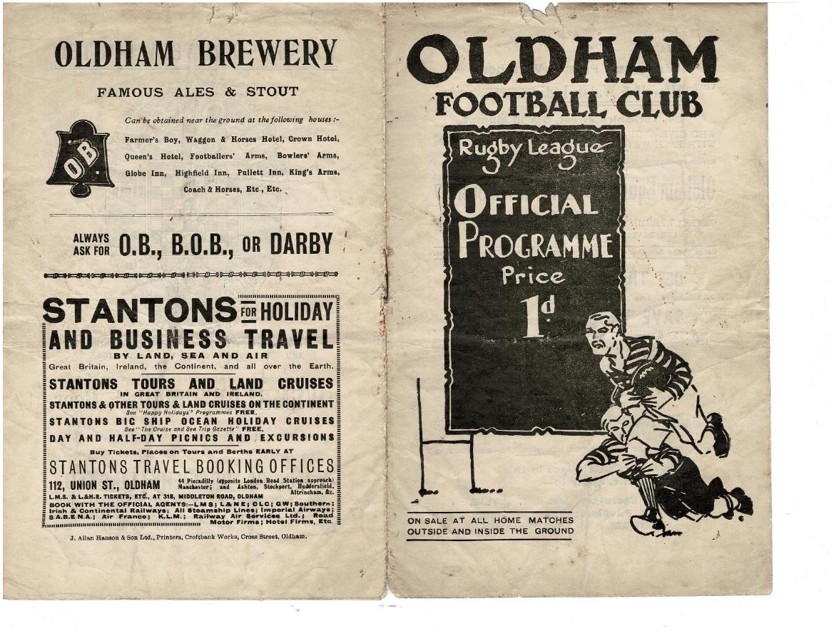 Programme cover: Oldham v Villeneuve, 17 September 1934