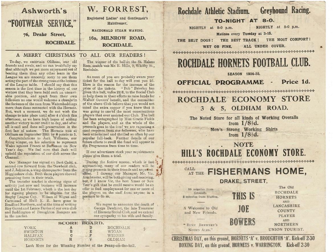 Programme cover: Oldham v Rochdale Hornets, 22 December 1934