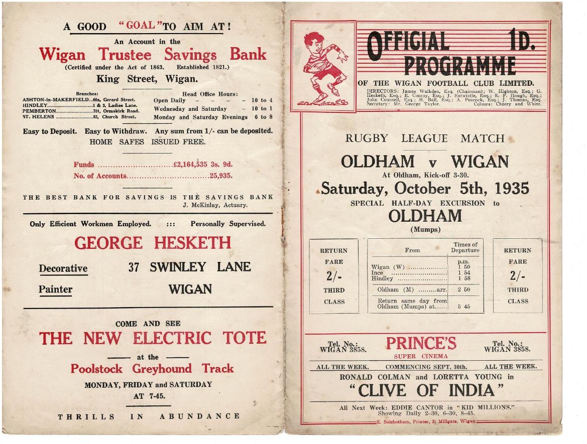 Programme cover: Oldham v Wigan, 5 October 1935