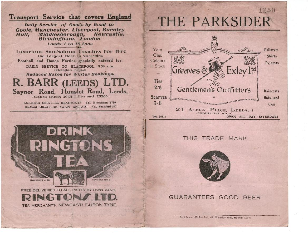 Programme cover: Oldham v Hunslet, 25 April 1936