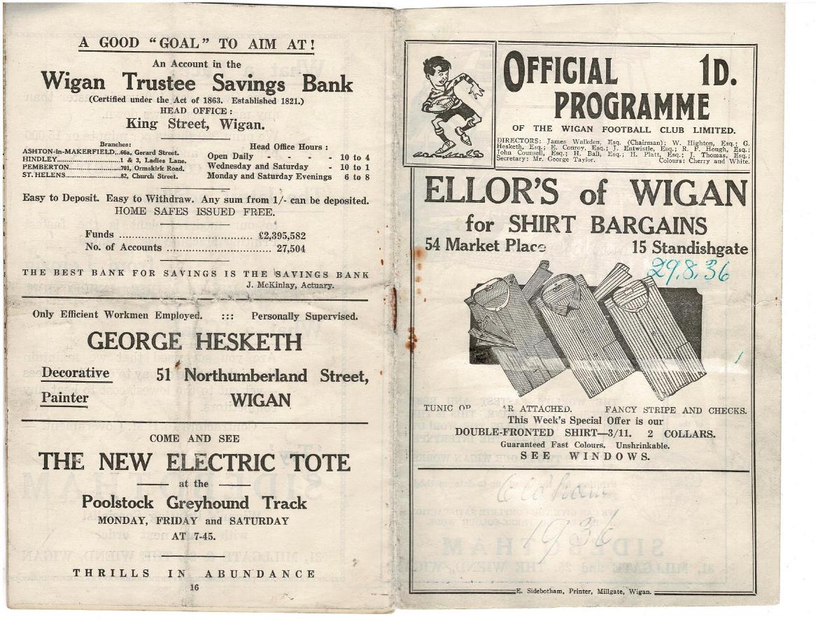 Programme cover: Oldham v Wigan, 29 August 1936