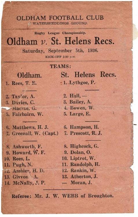 Programme cover: Oldham v St Helens Recs, 5 September 1936