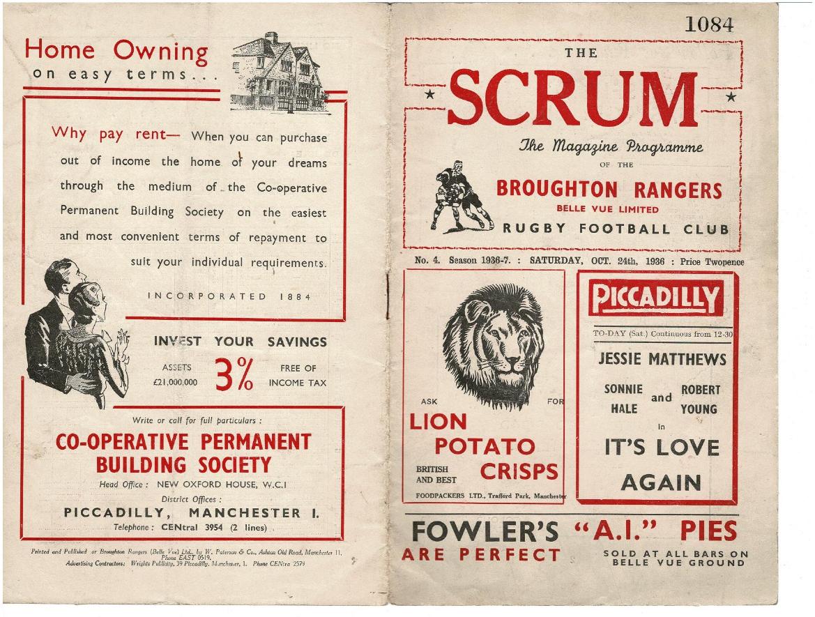 Programme cover: Oldham v Broughton Rangers, 24 October 1936