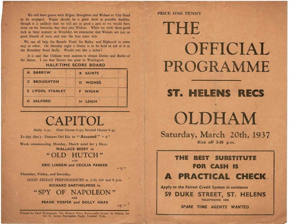 Programme cover: Oldham v St Helens Recs, 20 March 1937