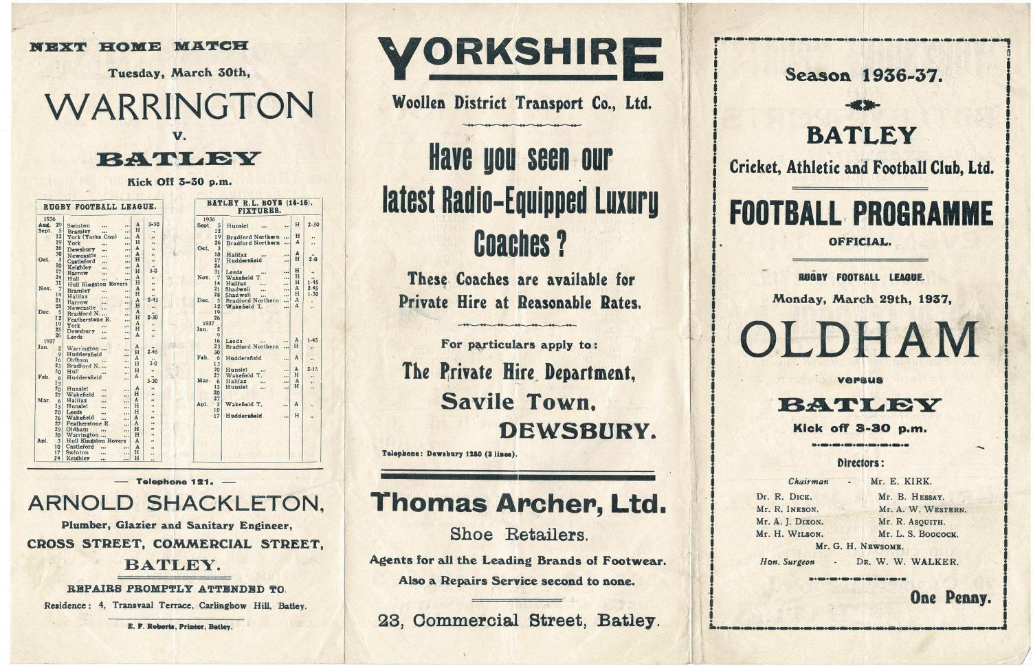 Programme cover: Oldham v Batley, 29 March 1937