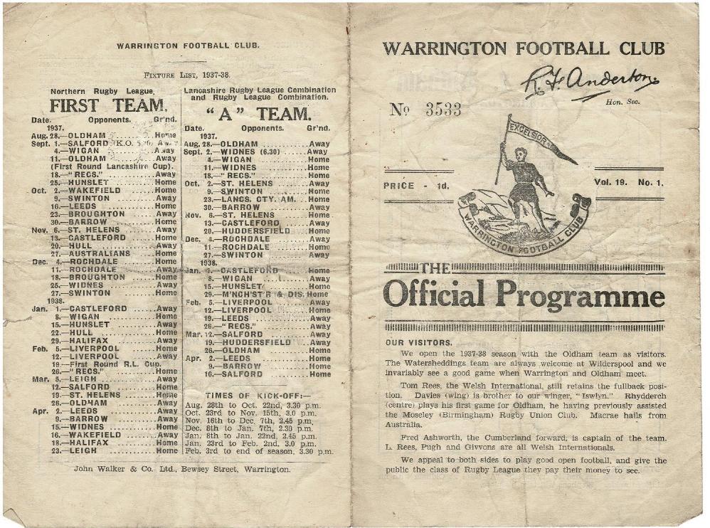 Programme cover: Oldham v Warrington, 28 August 1937
