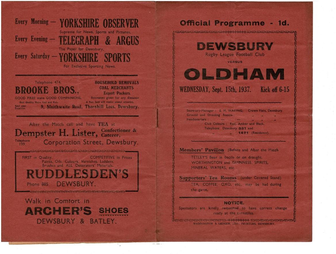 Programme cover: Oldham v Dewsbury, 15 September 1937