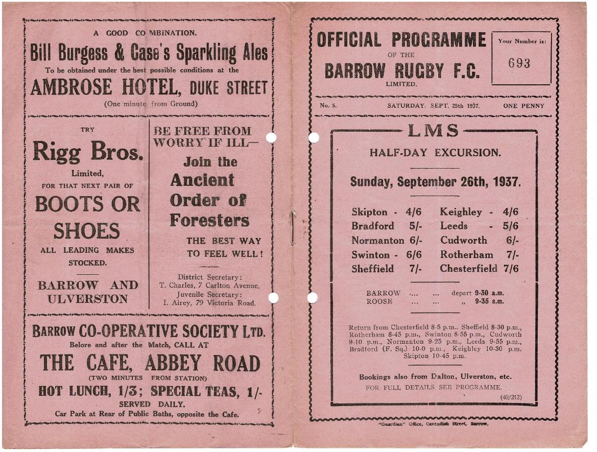 Programme cover: Oldham v Barrow, 25 September 1937