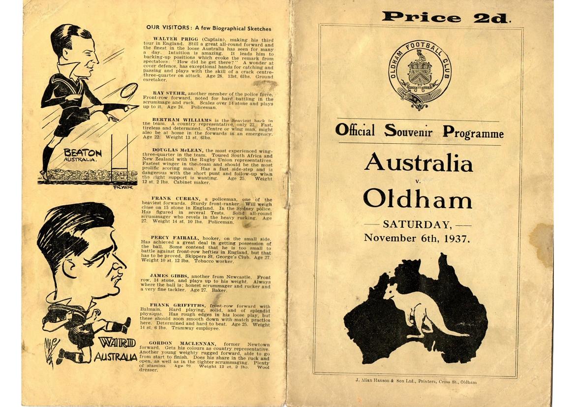 Programme cover: Oldham v Australia, 6 November 1937