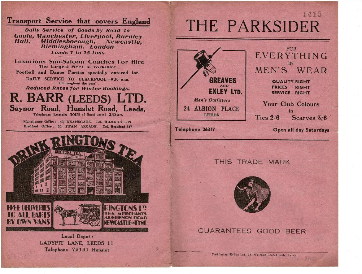 Programme cover: Oldham v Hunslet, 11 December 1937