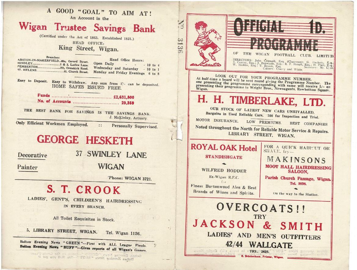 Programme cover: Oldham v Wigan, 9 April 1938