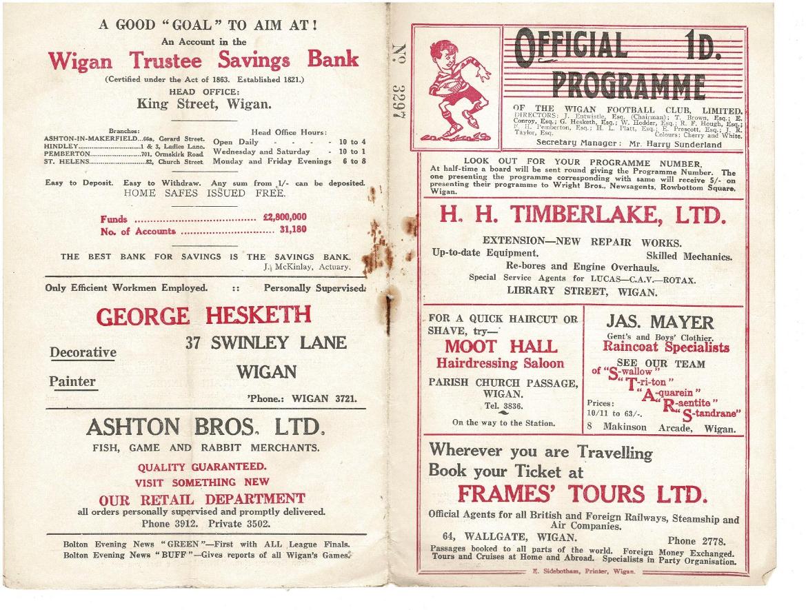 Programme cover: Oldham v Wigan, 29 October 1938