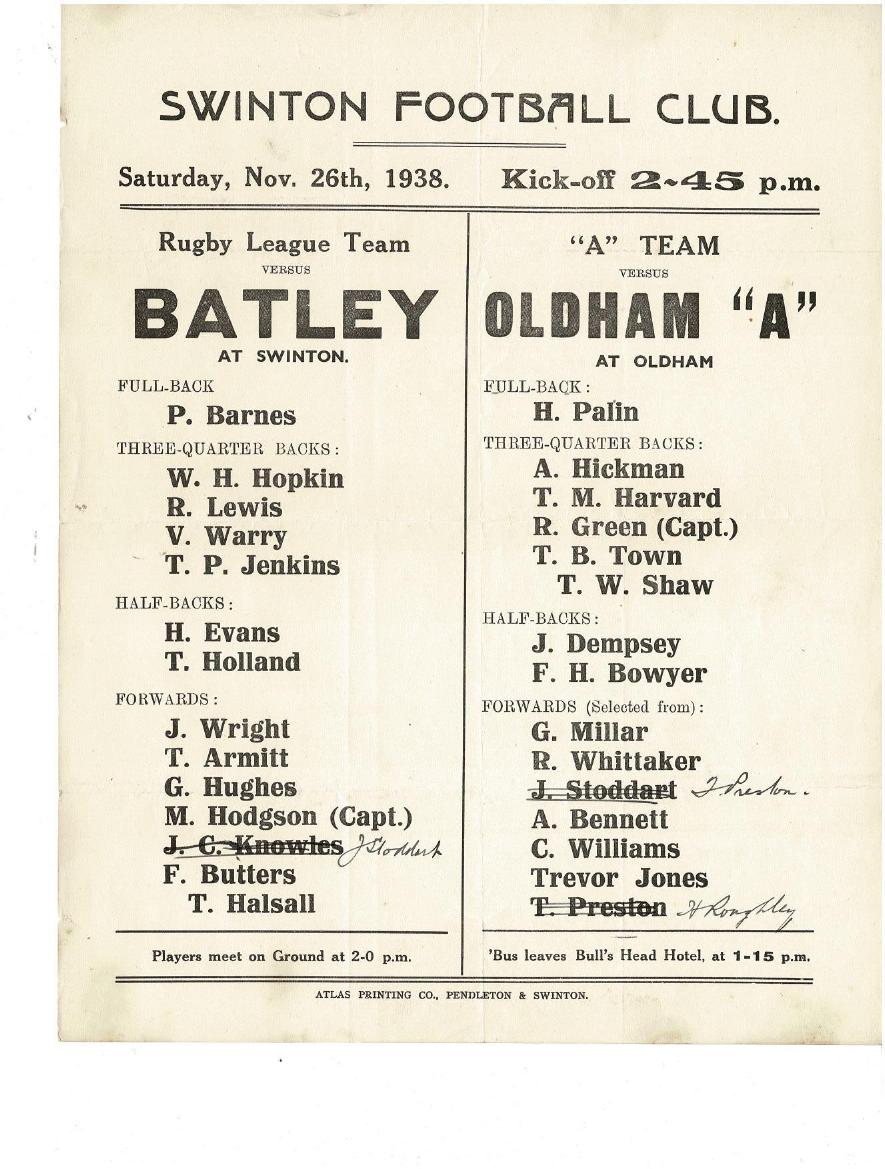 Programme cover: Oldham v Hunslet, 26 November 1938