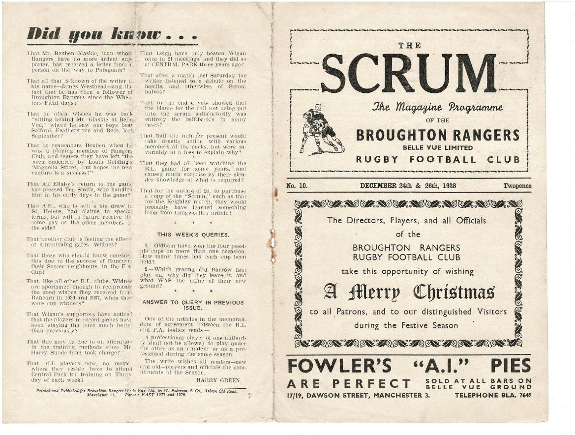 Programme cover: Oldham v Broughton Rangers, 24 December 1938