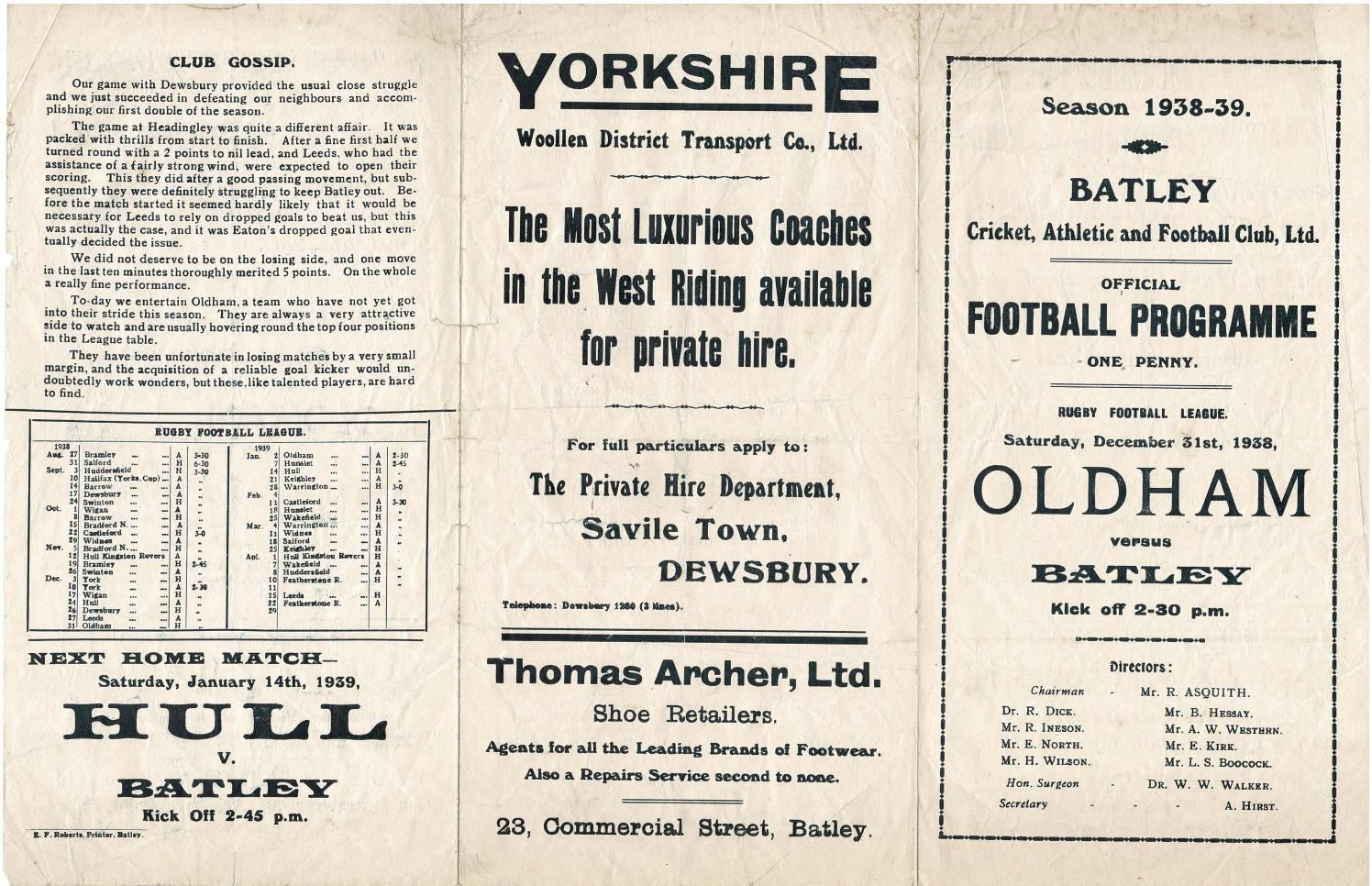 Programme cover: Oldham v Batley, 31 December 1938