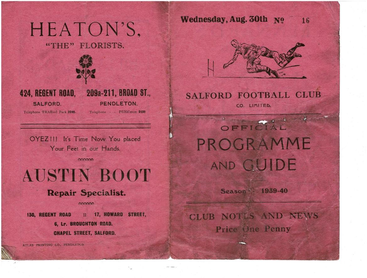 Programme cover: Oldham v Salford, 30 August 1939