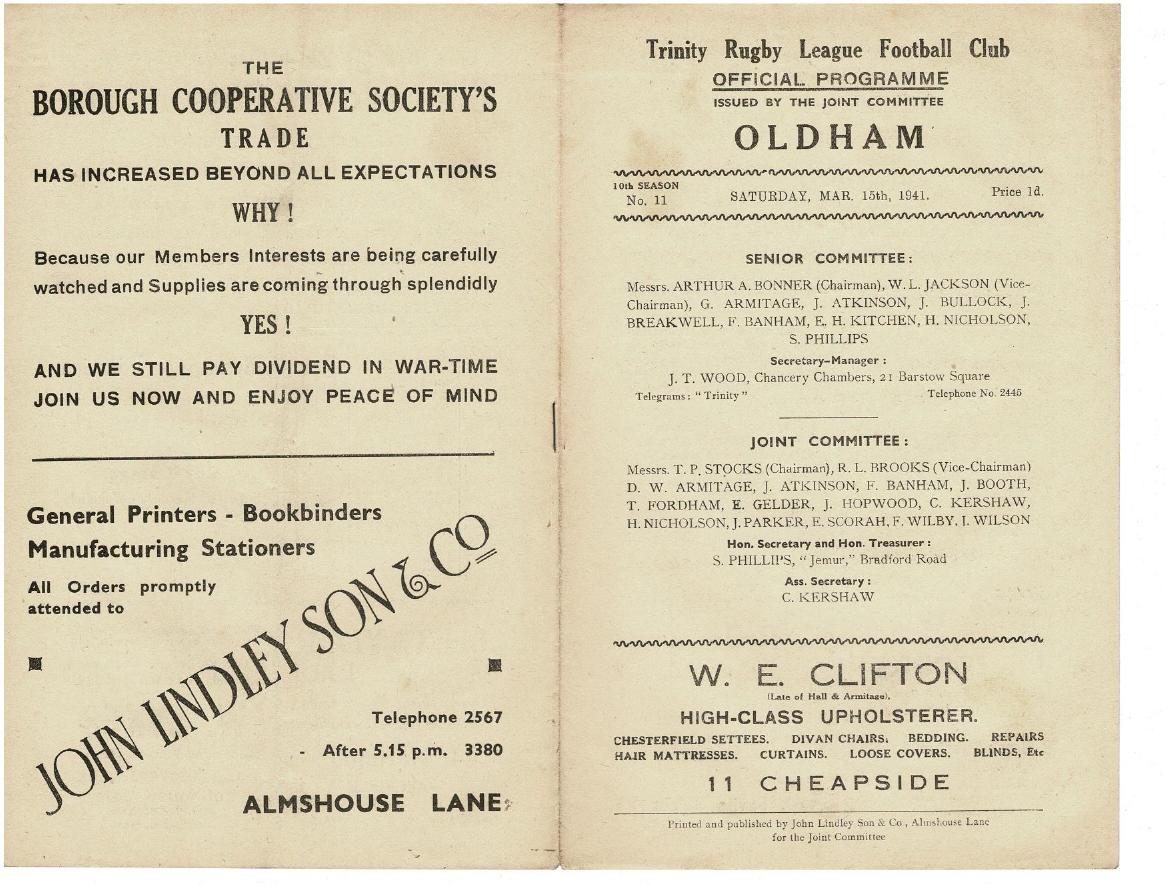 Programme cover: Oldham v Wakefield Trinity, 15 March 1941