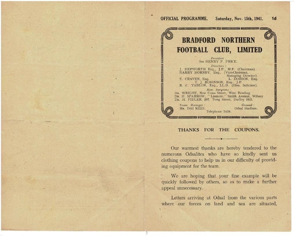 Programme cover: Oldham v Bradford Northern, 15 November 1941