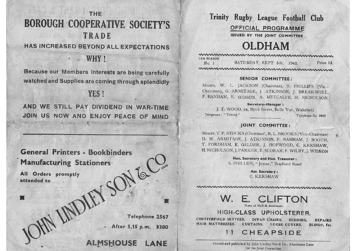 Programme cover: Oldham v Wakefield Trinity, 5 September 1942