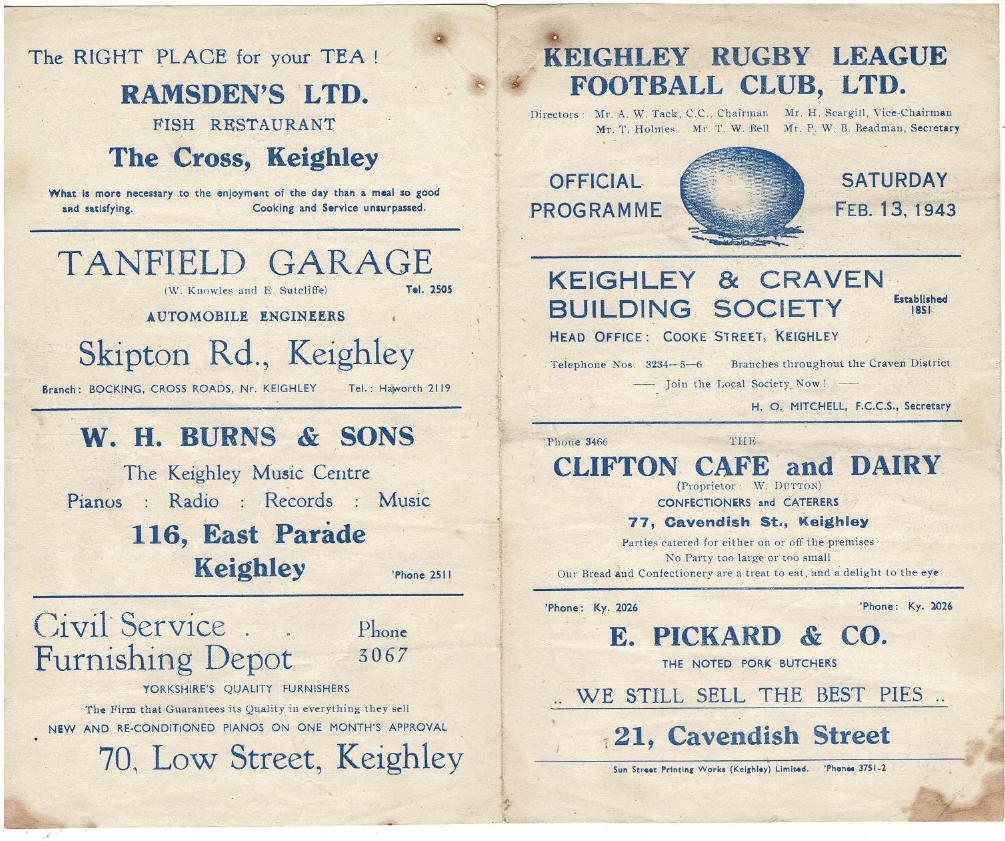 Programme cover: Oldham v Keighley, 13 February 1943