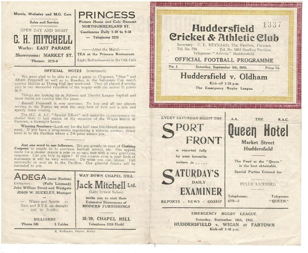 Programme cover: Oldham v Huddersfield, 4 September 1943
