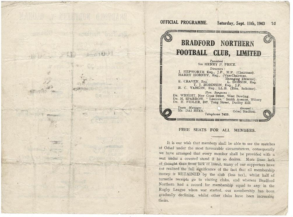 Programme cover: Oldham v Bradford Northern, 11 September 1943