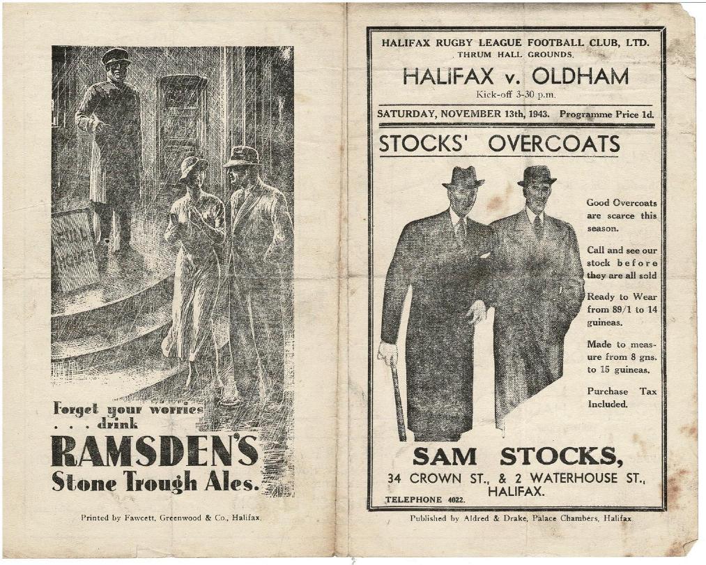 Programme cover: Oldham v Halifax, 13 November 1943