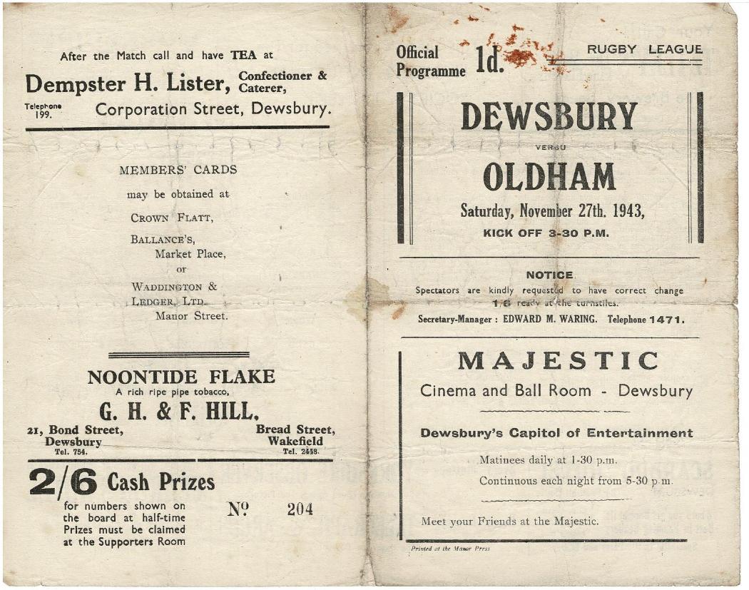 Programme cover: Oldham v Dewsbury, 27 November 1943
