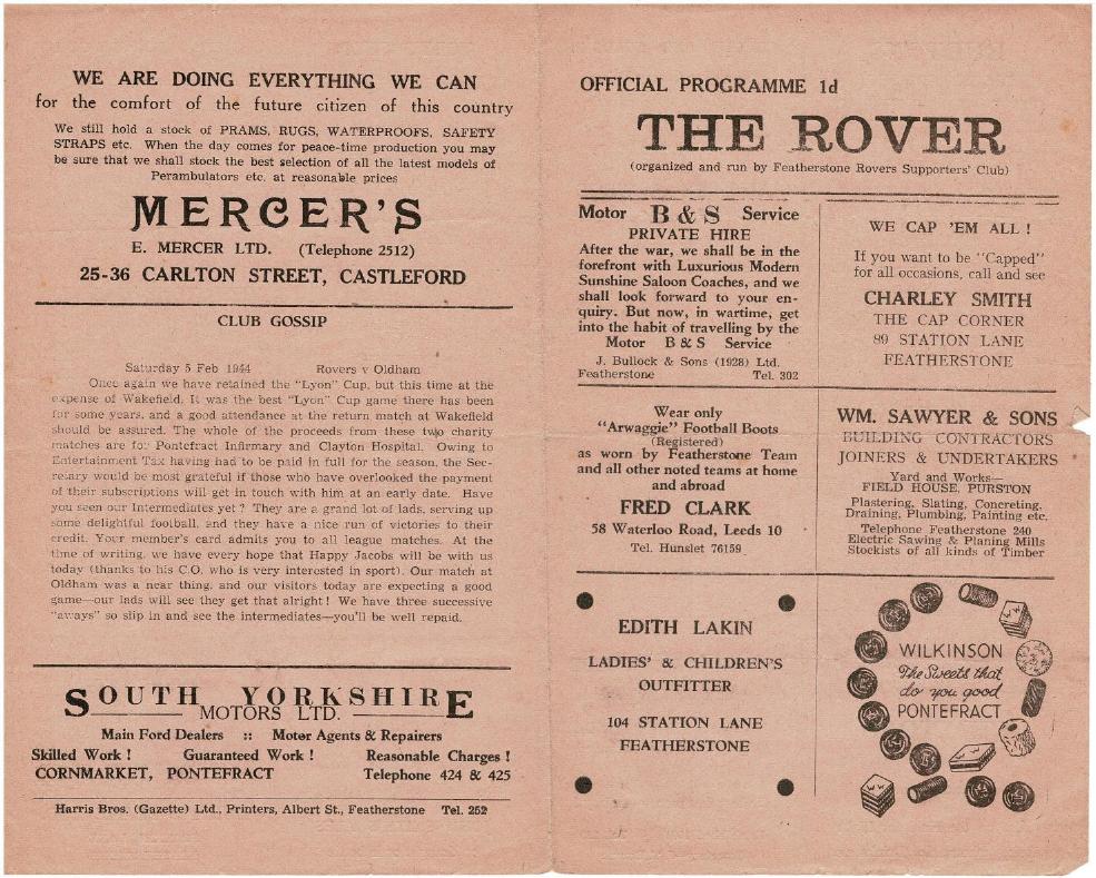 Programme cover: Oldham v Featherstone Rovers, 5 February 1944
