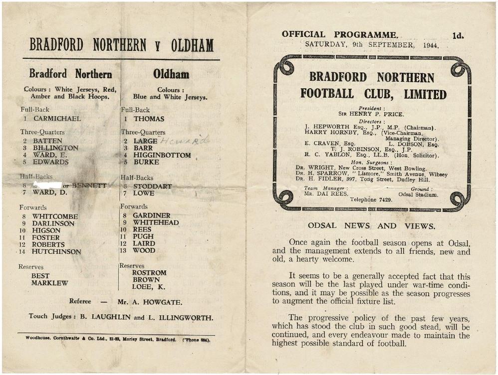 Programme cover: Oldham v Bradford Northern, 9 September 1944