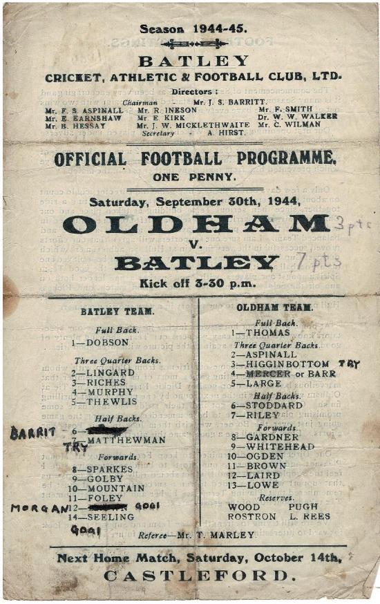 Programme cover: Oldham v Batley, 30 September 1944