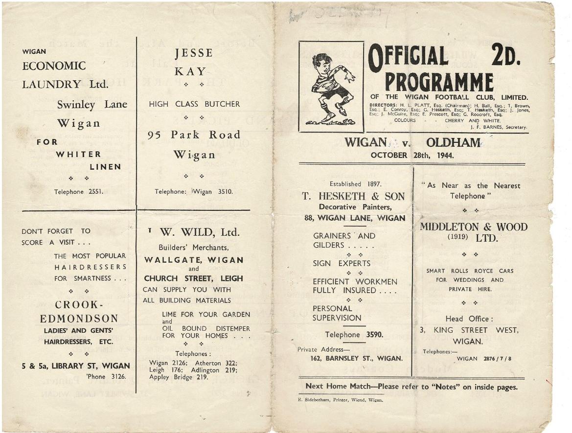 Programme cover: Oldham v Wigan, 28 October 1944