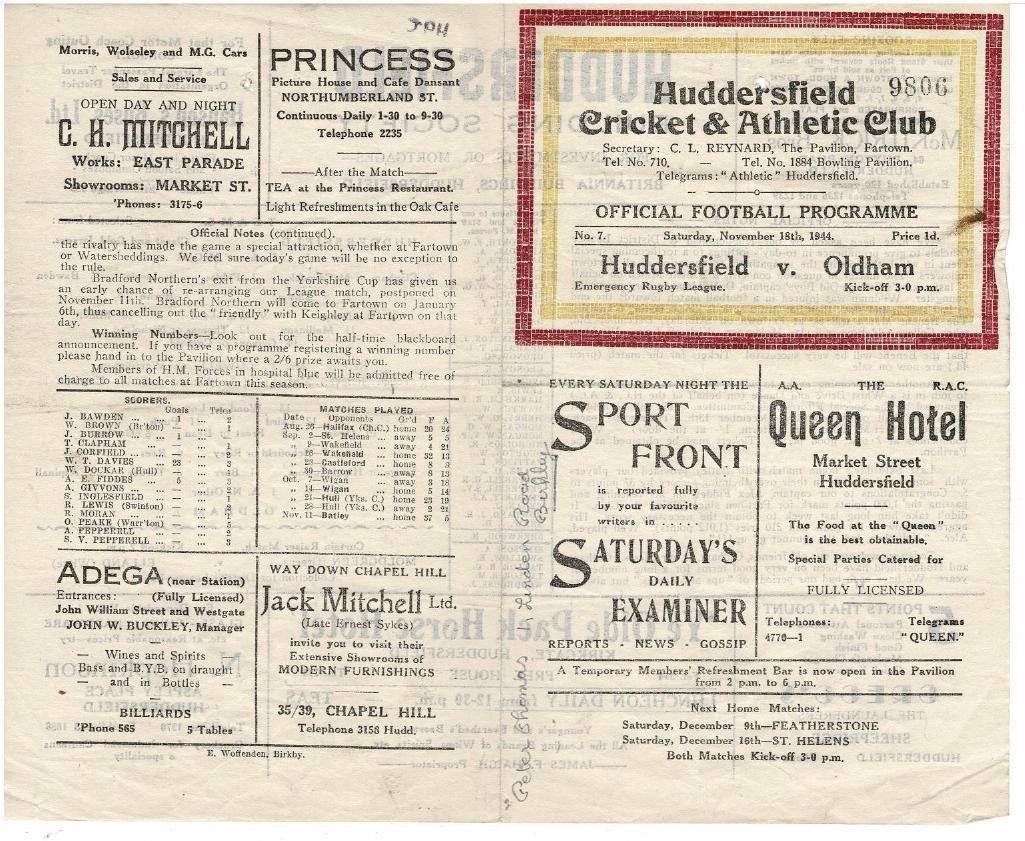 Programme cover: Oldham v Huddersfield, 18 November 1944