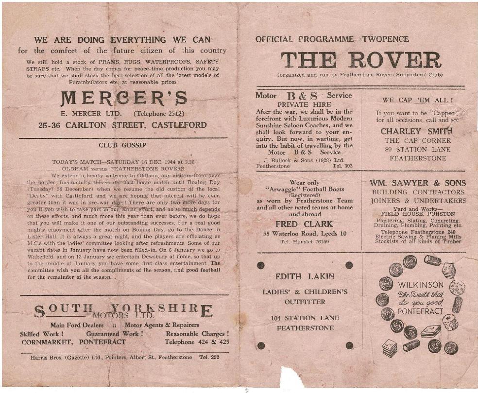 Programme cover: Oldham v Featherstone Rovers, 16 December 1944