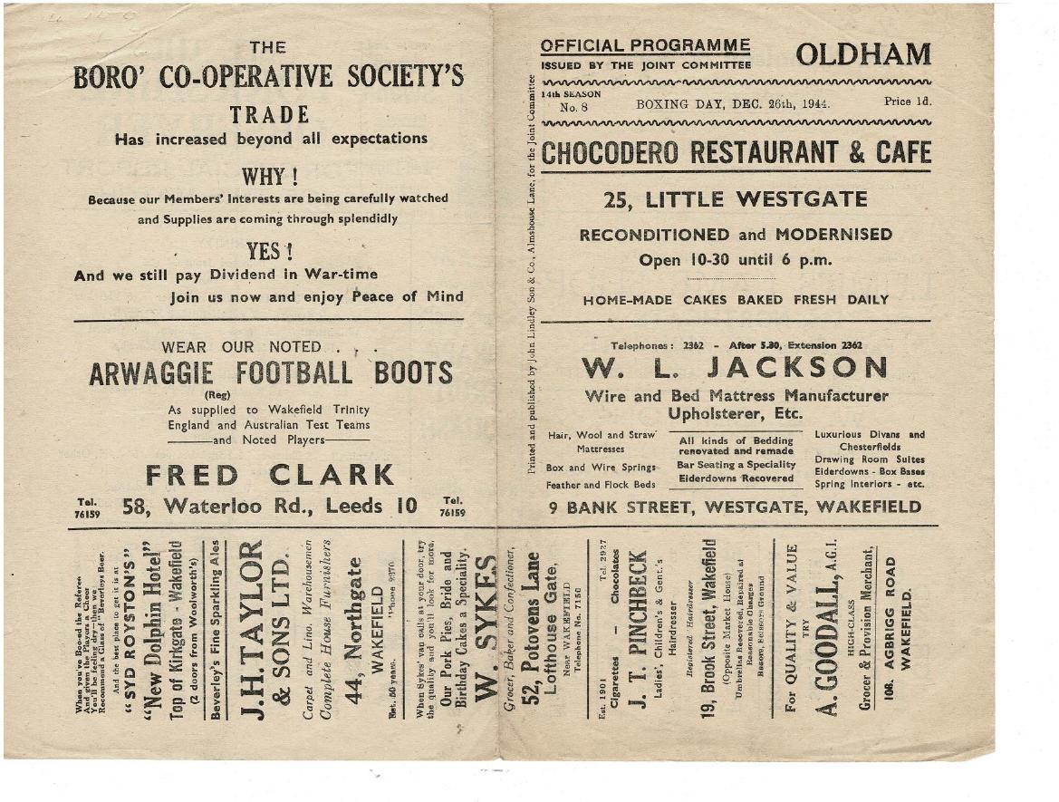 Programme cover: Oldham v Wakefield Trinity, 26 December 1944