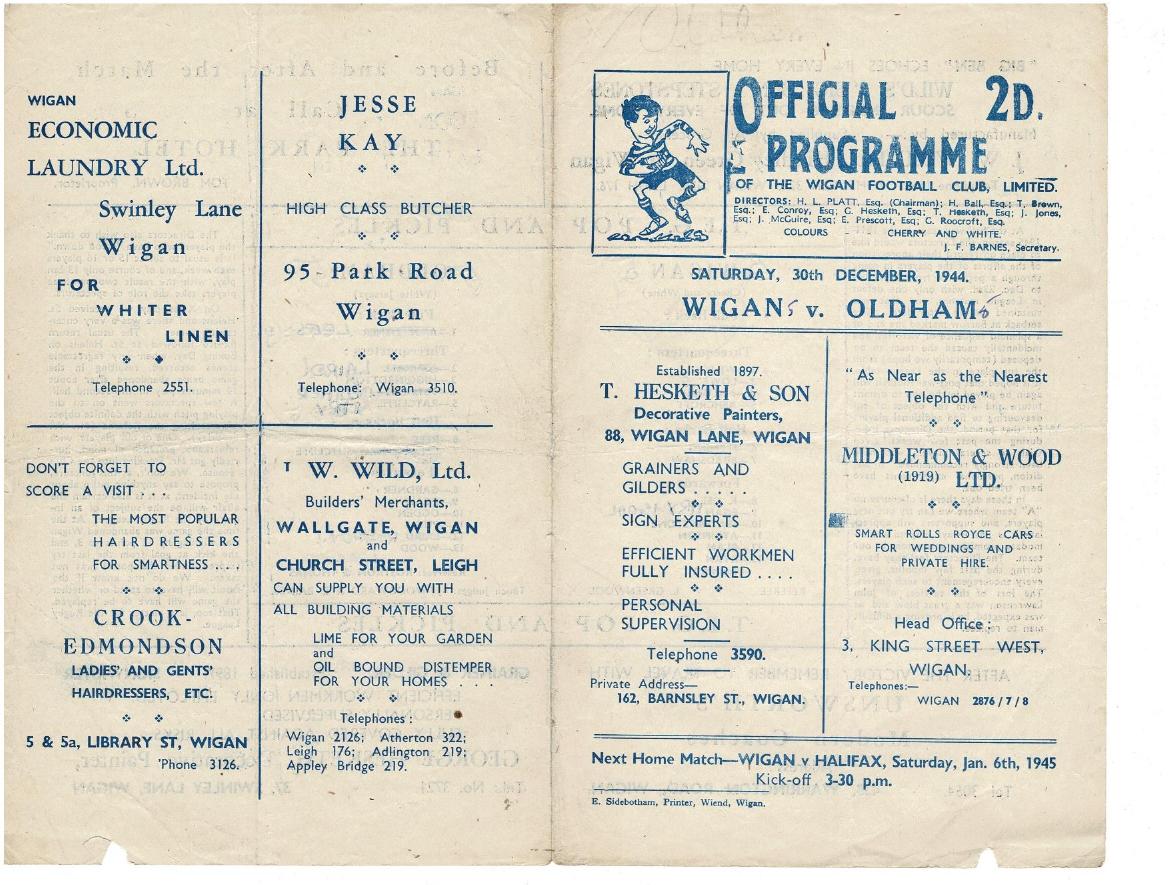 Programme cover: Oldham v Wigan, 30 December 1944
