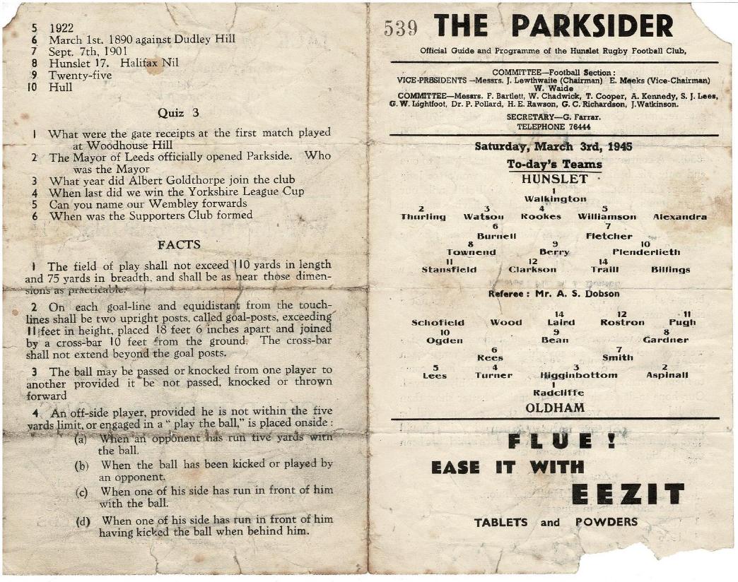 Programme cover: Oldham v Hunslet, 3 March 1945