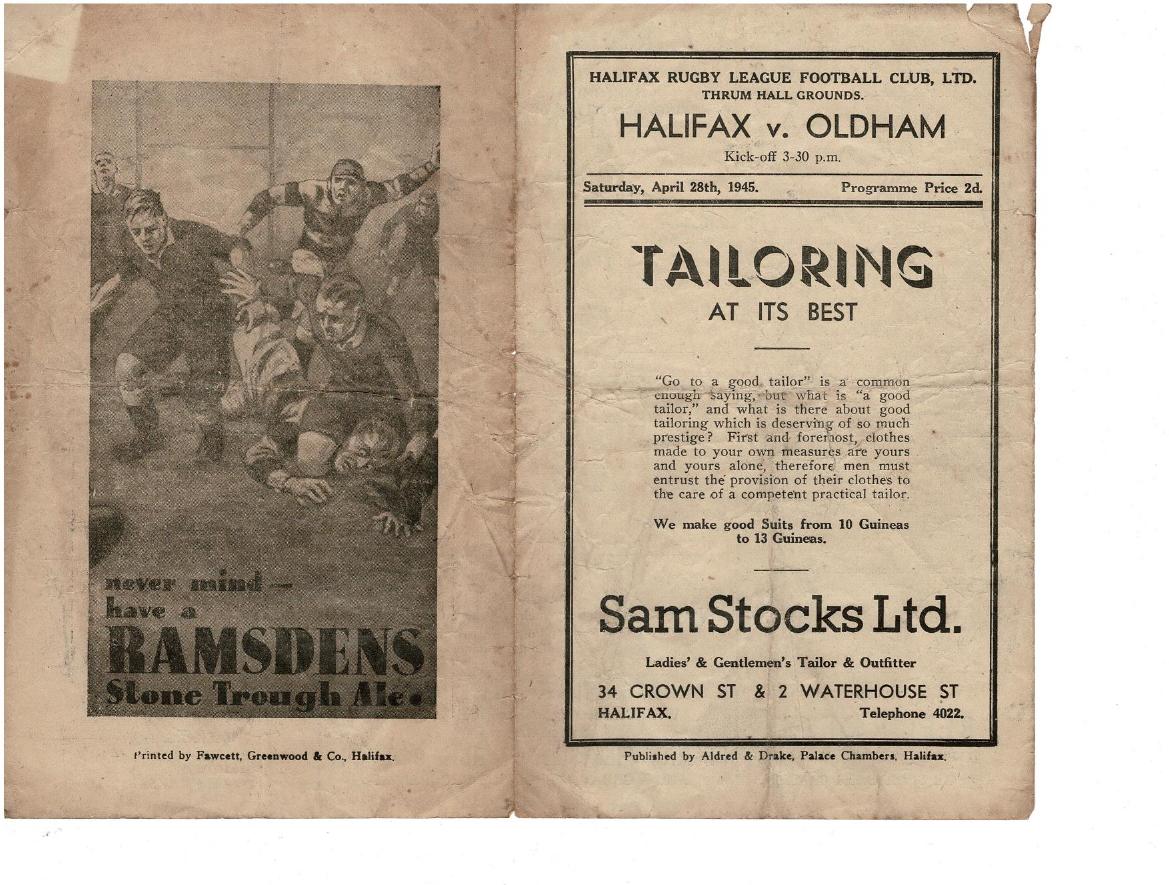 Programme cover: Oldham v Halifax, 28 April 1945