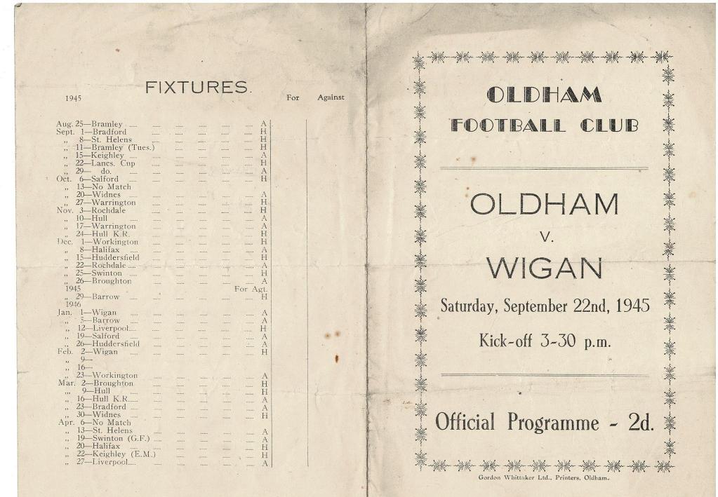 Programme cover: Oldham v Wigan, 22 September 1945