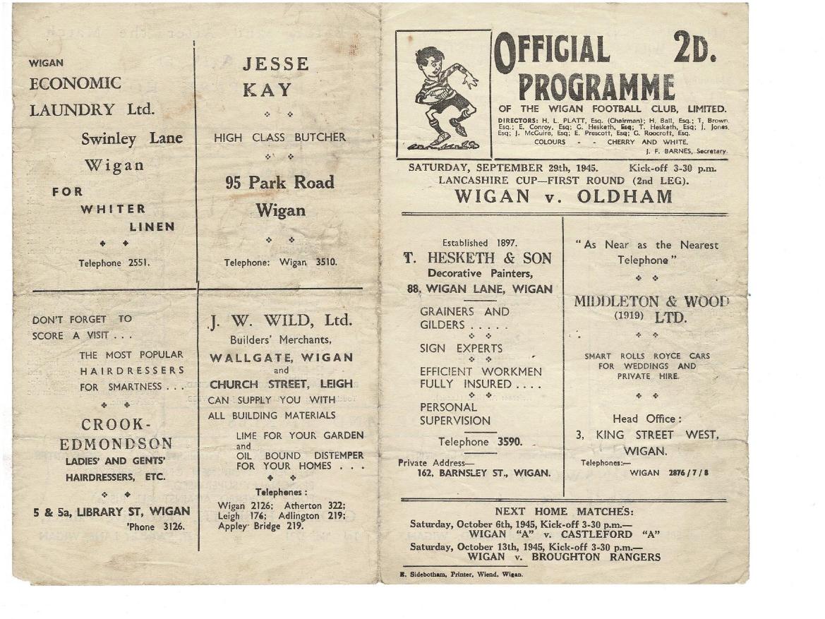 Programme cover: Oldham v Wigan, 29 September 1945