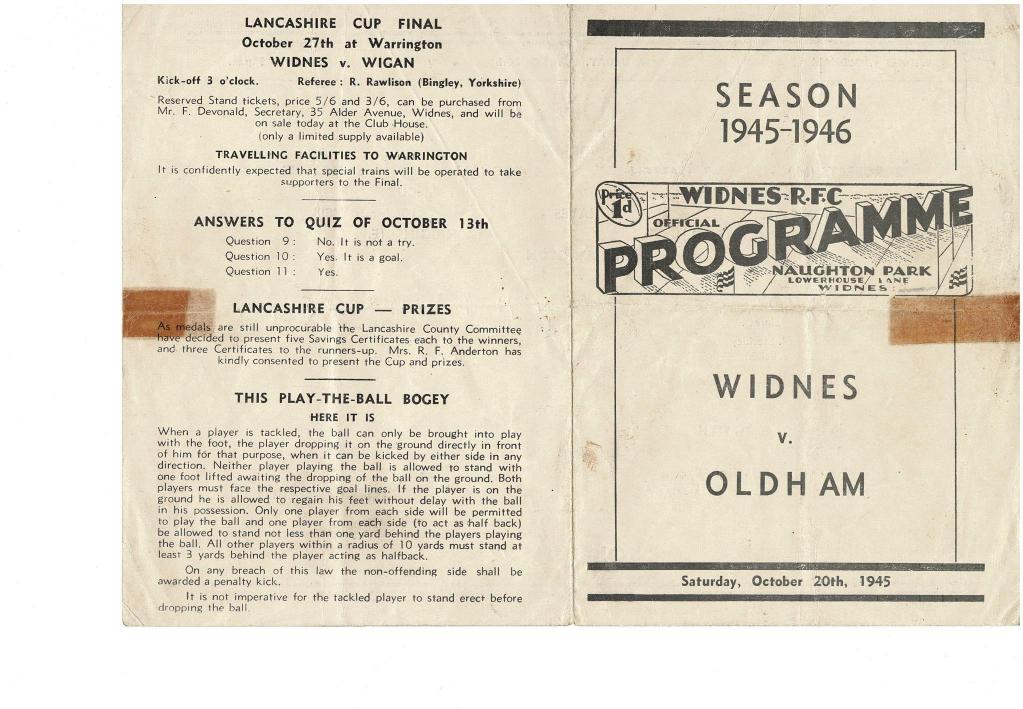 Programme cover: Oldham v Widnes, 20 October 1945