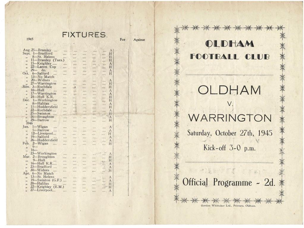 Programme cover: Oldham v Warrington, 27 October 1945