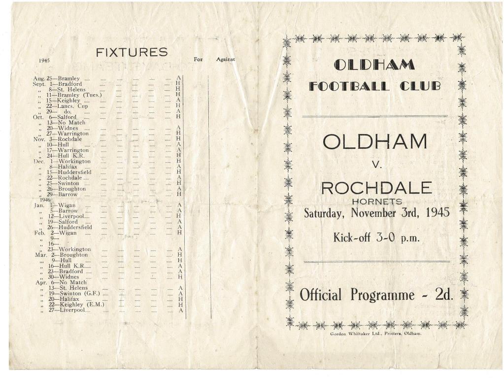 Programme cover: Oldham v Rochdale Hornets, 3 November 1945