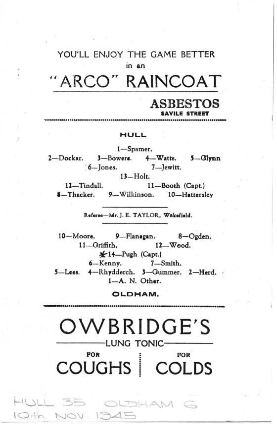 Programme cover: Oldham v Hull FC, 10 November 1945