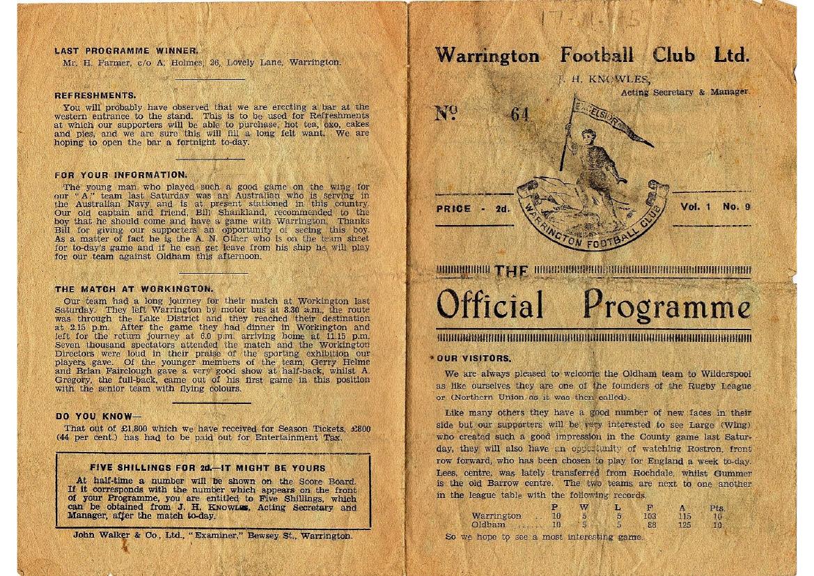 Programme cover: Oldham v Warrington, 17 November 1945