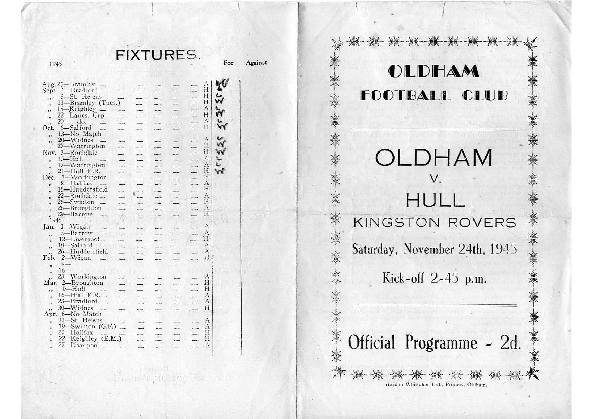 Programme cover: Oldham v Hull Kingston Rovers, 24 November 1945