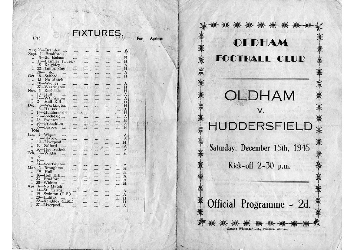 Programme cover: Oldham v Huddersfield, 15 December 1945