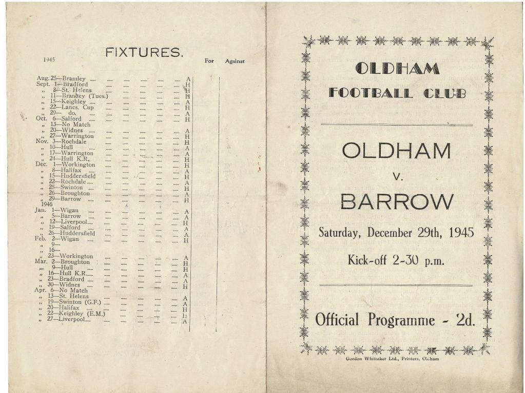 Programme cover: Oldham v Barrow, 29 December 1945