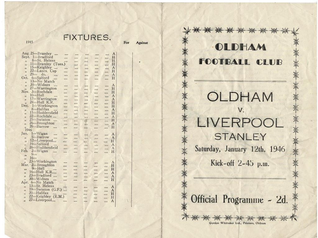 Programme cover: Oldham v Liverpool Stanley, 12 January 1946