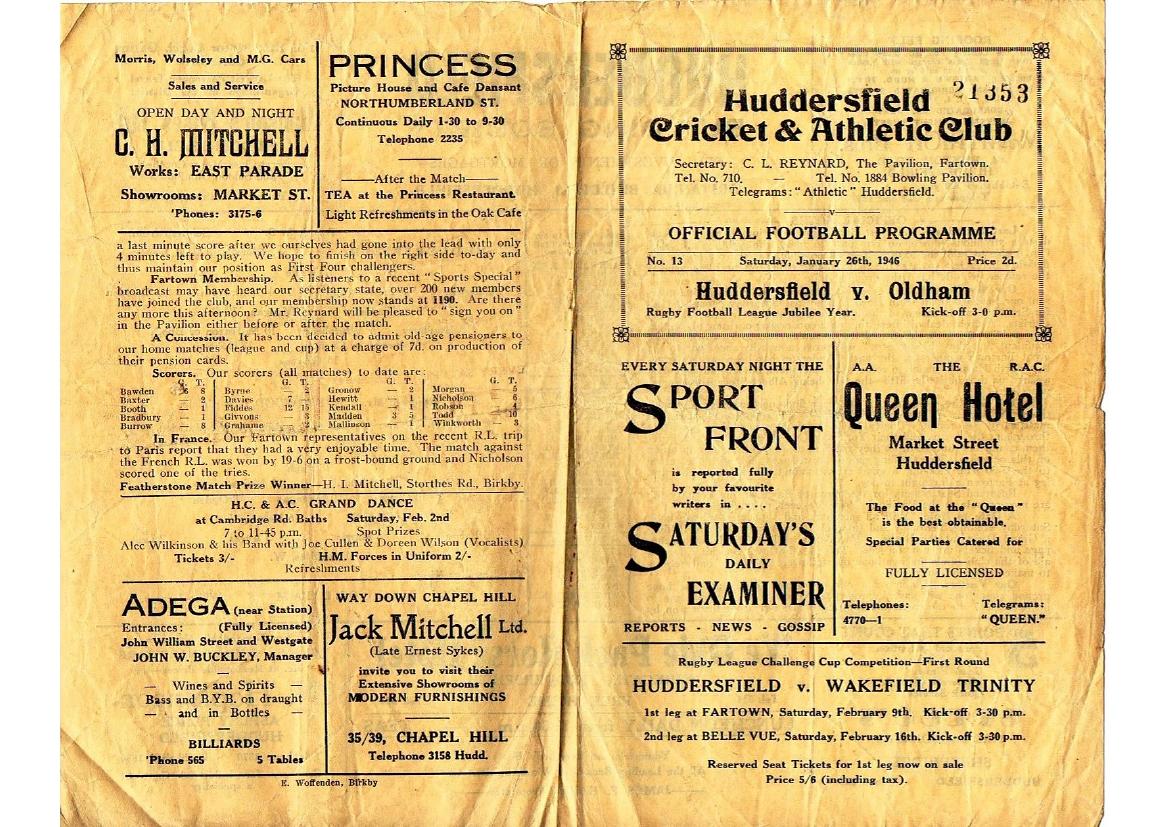 Programme cover: Oldham v Huddersfield, 26 January 1946